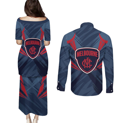 Melbourne Demons Australian Football Couples Matching Puletasi and Long Sleeve Button Shirt Fierce Devil Mascot - Bold Team Colors