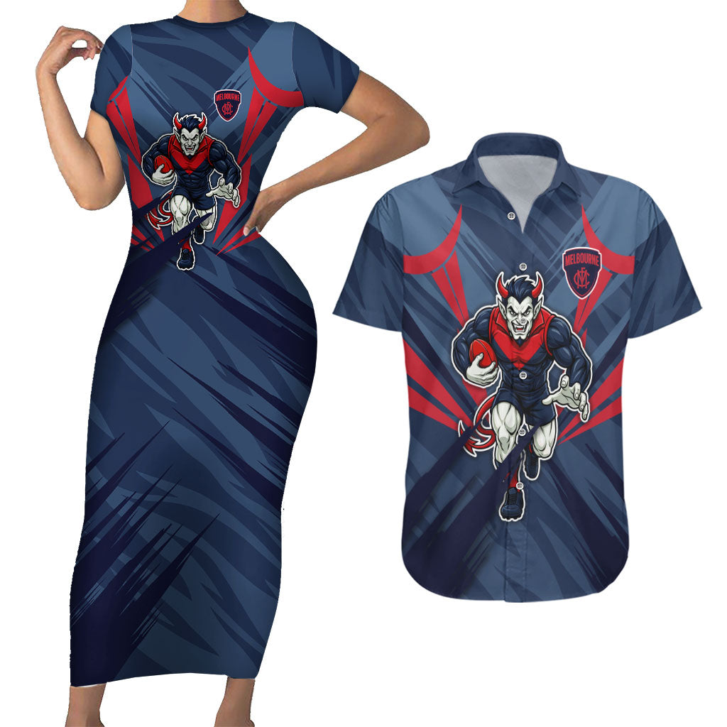 Melbourne Demons Australian Football Couples Matching Short Sleeve Bodycon Dress and Hawaiian Shirt Fierce Devil Mascot - Bold Team Colors
