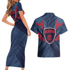 Melbourne Demons Australian Football Couples Matching Short Sleeve Bodycon Dress and Hawaiian Shirt Fierce Devil Mascot - Bold Team Colors