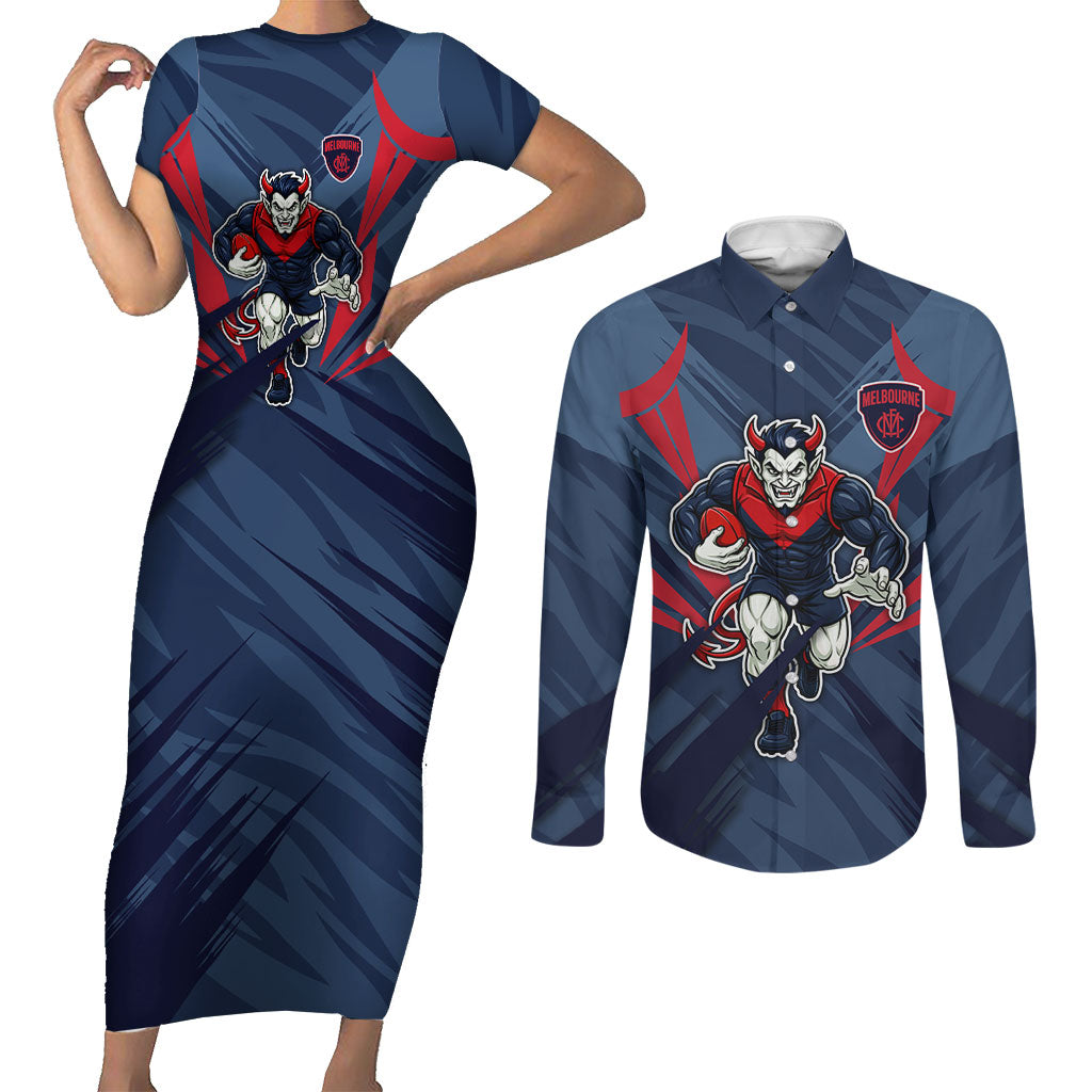 Melbourne Demons Australian Football Couples Matching Short Sleeve Bodycon Dress and Long Sleeve Button Shirt Fierce Devil Mascot - Bold Team Colors