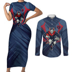 Melbourne Demons Australian Football Couples Matching Short Sleeve Bodycon Dress and Long Sleeve Button Shirt Fierce Devil Mascot - Bold Team Colors
