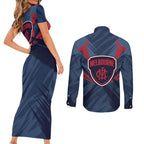 Melbourne Demons Australian Football Couples Matching Short Sleeve Bodycon Dress and Long Sleeve Button Shirt Fierce Devil Mascot - Bold Team Colors