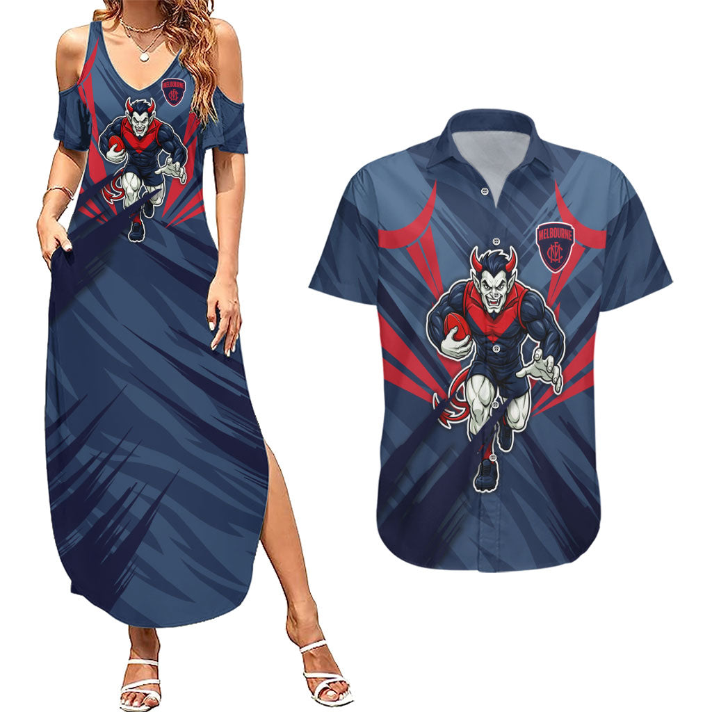 Melbourne Demons Australian Football Couples Matching Summer Maxi Dress and Hawaiian Shirt Fierce Devil Mascot - Bold Team Colors