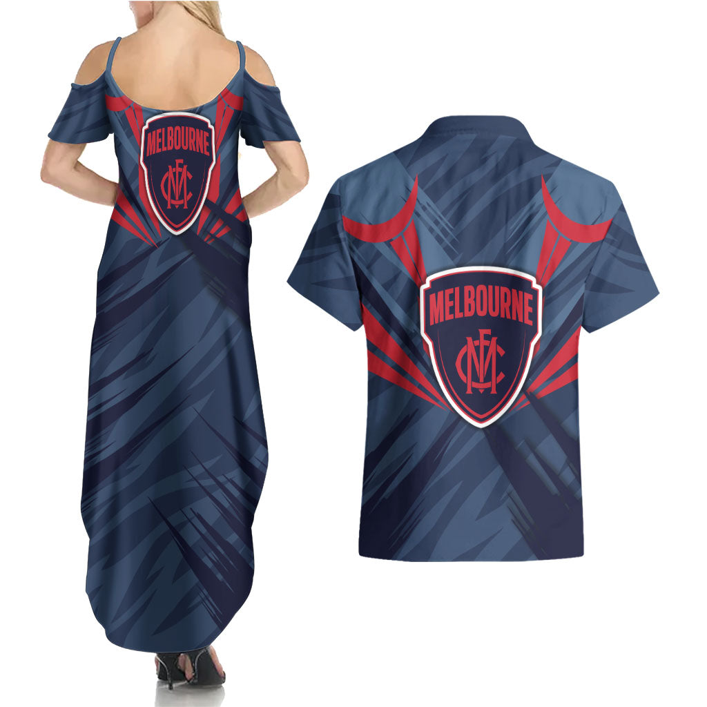 Melbourne Demons Australian Football Couples Matching Summer Maxi Dress and Hawaiian Shirt Fierce Devil Mascot - Bold Team Colors