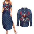 Melbourne Demons Australian Football Couples Matching Summer Maxi Dress and Long Sleeve Button Shirt Fierce Devil Mascot - Bold Team Colors