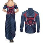 Melbourne Demons Australian Football Couples Matching Summer Maxi Dress and Long Sleeve Button Shirt Fierce Devil Mascot - Bold Team Colors