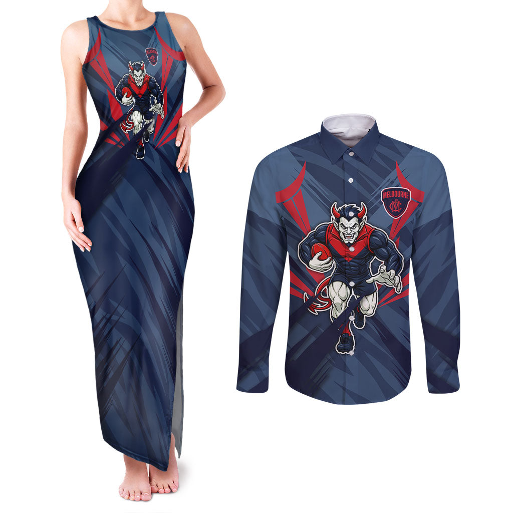 Melbourne Demons Australian Football Couples Matching Tank Maxi Dress and Long Sleeve Button Shirt Fierce Devil Mascot - Bold Team Colors