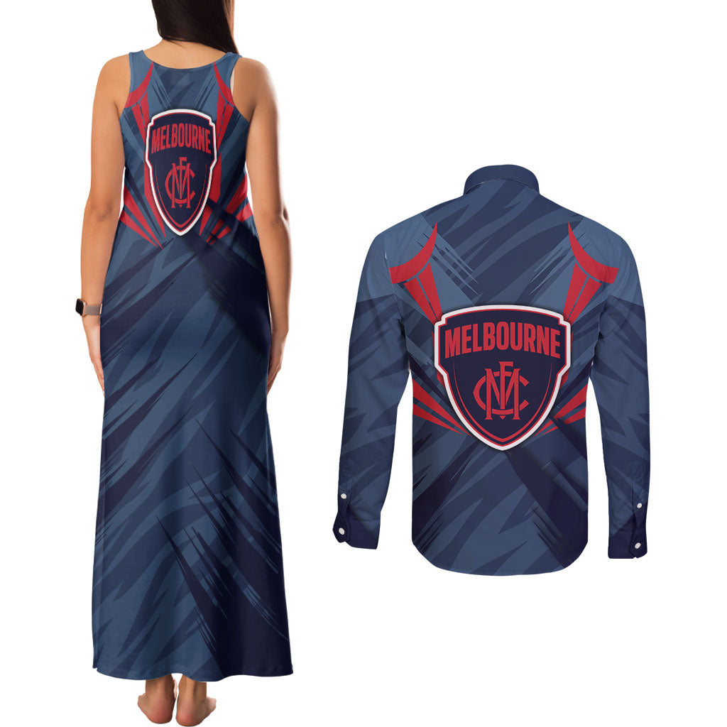 Melbourne Demons Australian Football Couples Matching Tank Maxi Dress and Long Sleeve Button Shirt Fierce Devil Mascot - Bold Team Colors