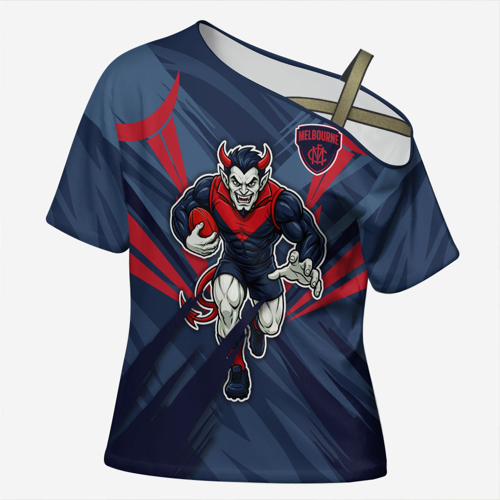 Melbourne Demons Australian Football Cross Shoulder Shirt Fierce Devil Mascot - Bold Team Colors