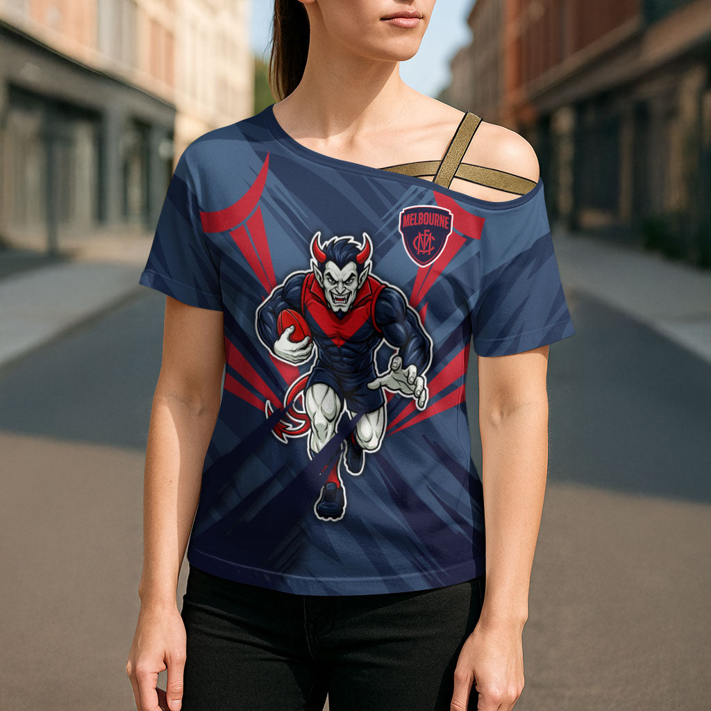Melbourne Demons Australian Football Cross Shoulder Shirt Fierce Devil Mascot - Bold Team Colors