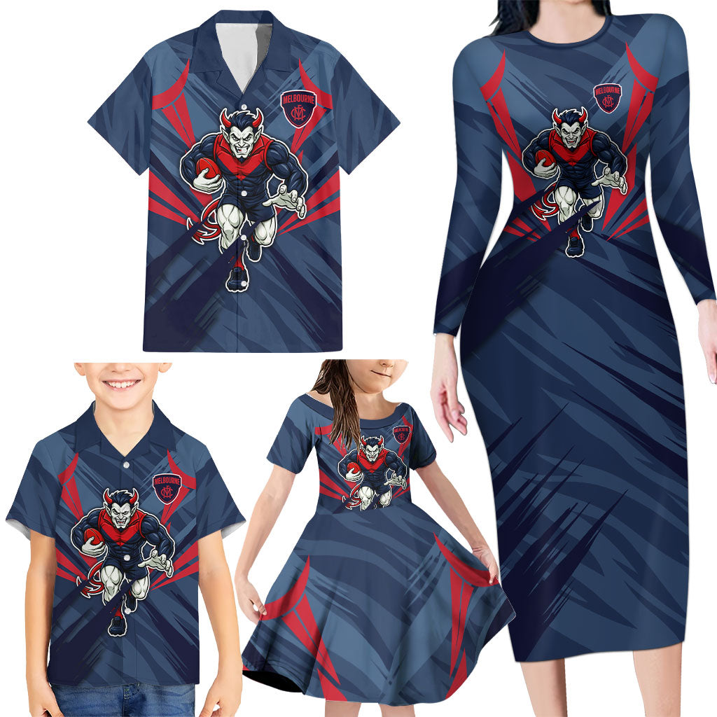 Melbourne Demons Australian Football Family Matching Long Sleeve Bodycon Dress and Hawaiian Shirt Fierce Devil Mascot - Bold Team Colors
