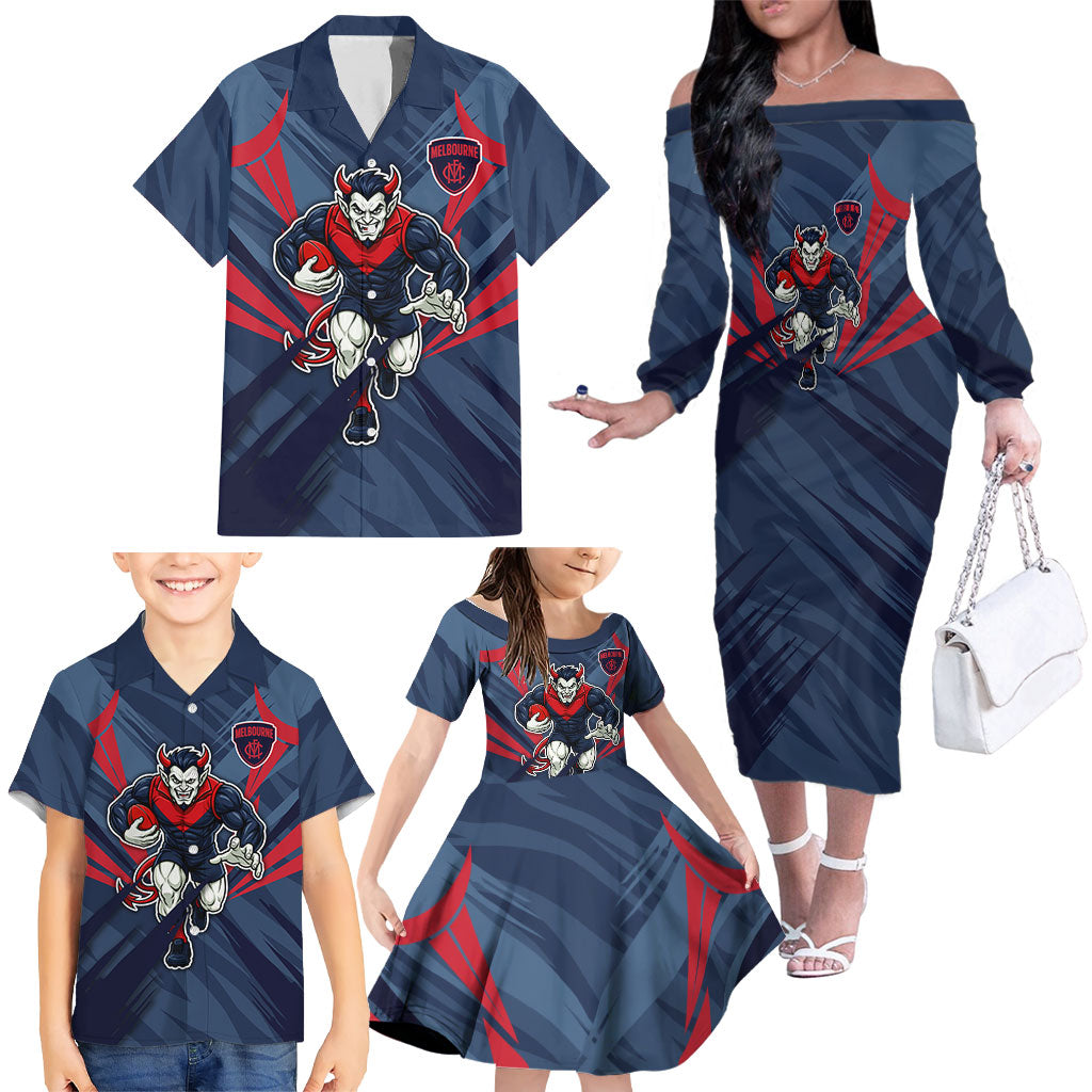Melbourne Demons Australian Football Family Matching Off The Shoulder Long Sleeve Dress and Hawaiian Shirt Fierce Devil Mascot - Bold Team Colors