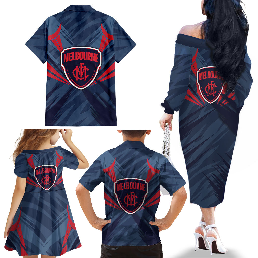 Melbourne Demons Australian Football Family Matching Off The Shoulder Long Sleeve Dress and Hawaiian Shirt Fierce Devil Mascot - Bold Team Colors