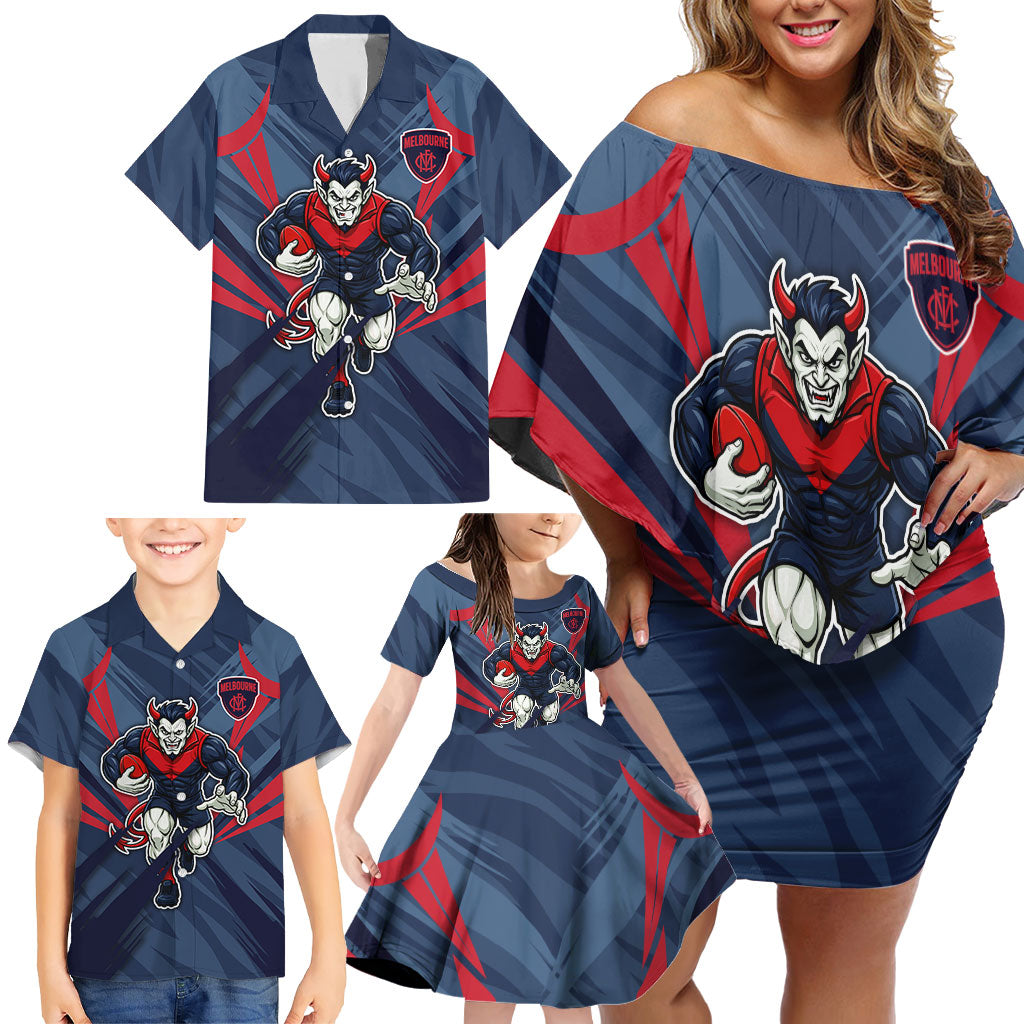 Melbourne Demons Australian Football Family Matching Off Shoulder Short Dress and Hawaiian Shirt Fierce Devil Mascot - Bold Team Colors