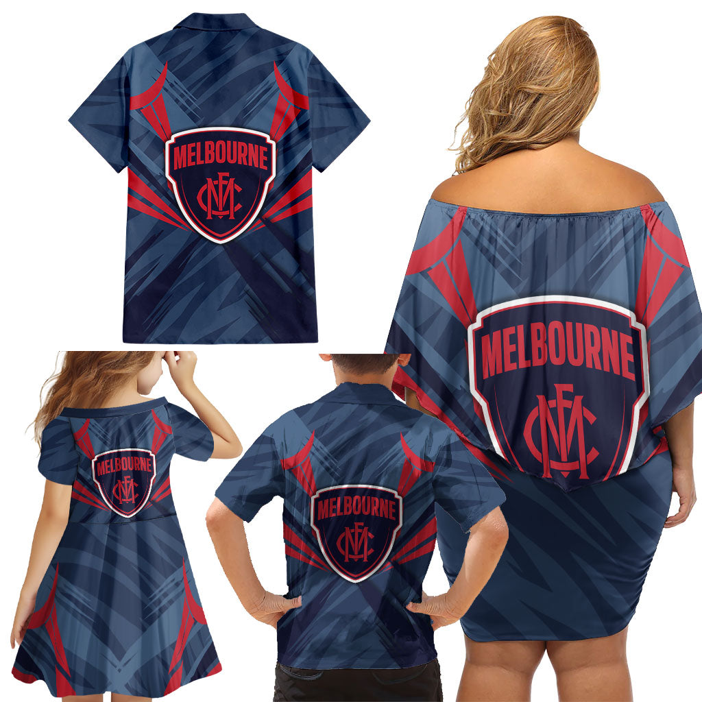 Melbourne Demons Australian Football Family Matching Off Shoulder Short Dress and Hawaiian Shirt Fierce Devil Mascot - Bold Team Colors