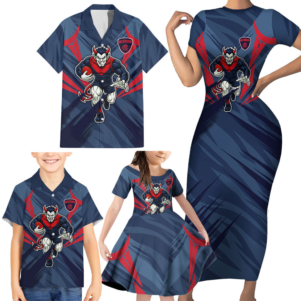 Melbourne Demons Australian Football Family Matching Short Sleeve Bodycon Dress and Hawaiian Shirt Fierce Devil Mascot - Bold Team Colors