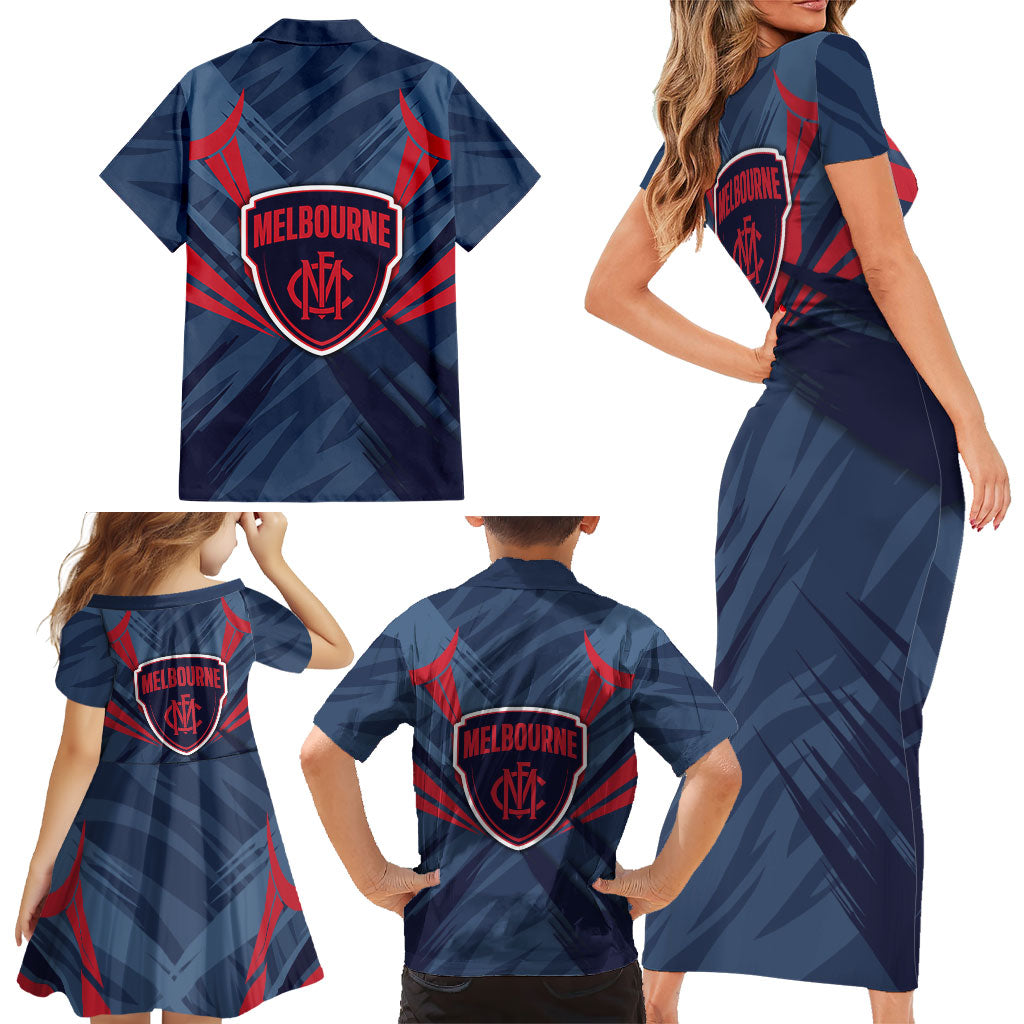 Melbourne Demons Australian Football Family Matching Short Sleeve Bodycon Dress and Hawaiian Shirt Fierce Devil Mascot - Bold Team Colors
