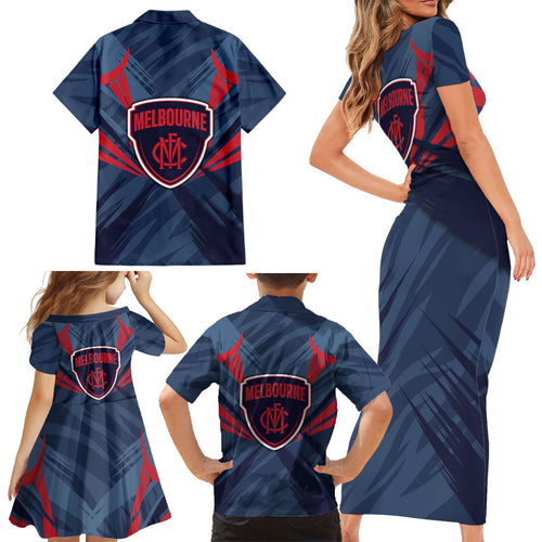 Melbourne Demons Australian Football Family Matching Short Sleeve Bodycon Dress and Hawaiian Shirt Fierce Devil Mascot - Bold Team Colors