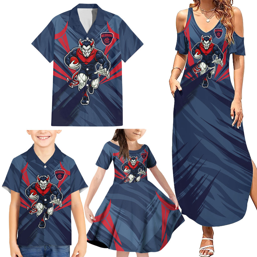 Melbourne Demons Australian Football Family Matching Summer Maxi Dress and Hawaiian Shirt Fierce Devil Mascot - Bold Team Colors