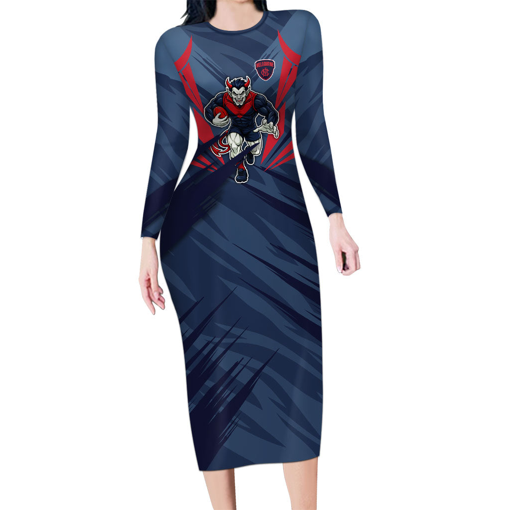Melbourne Demons Australian Football Long Sleeve Bodycon Dress Fierce Devil Mascot - Bold Team Colors