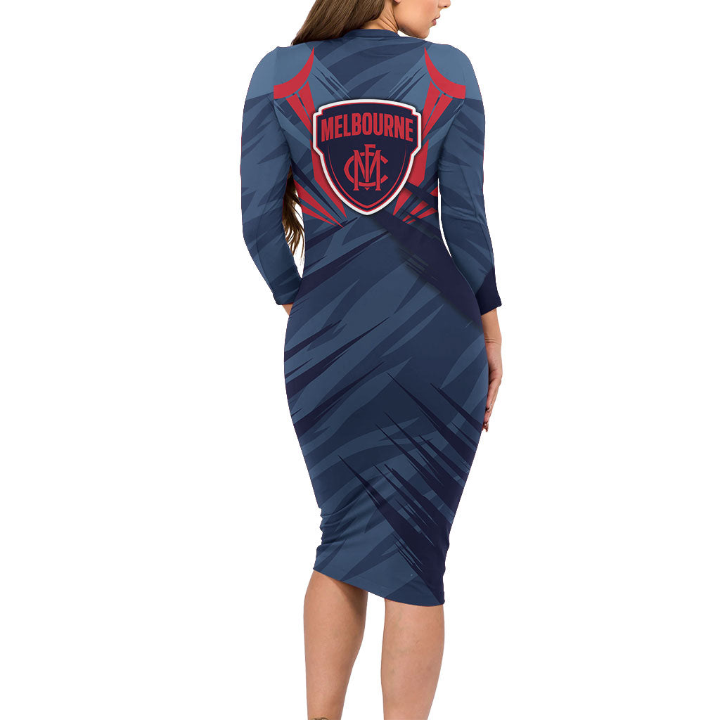 Melbourne Demons Australian Football Long Sleeve Bodycon Dress Fierce Devil Mascot - Bold Team Colors