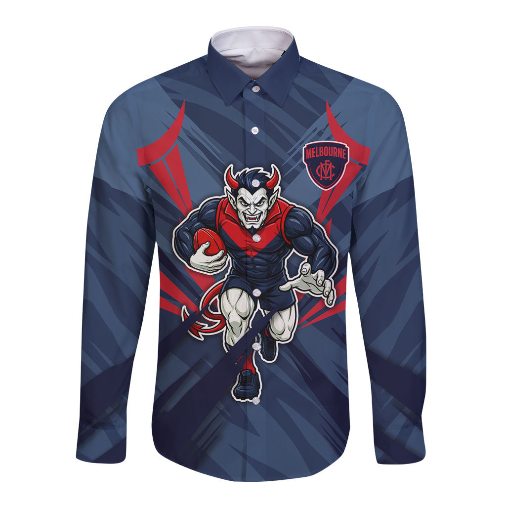 Melbourne Demons Australian Football Long Sleeve Button Shirt Fierce Devil Mascot - Bold Team Colors