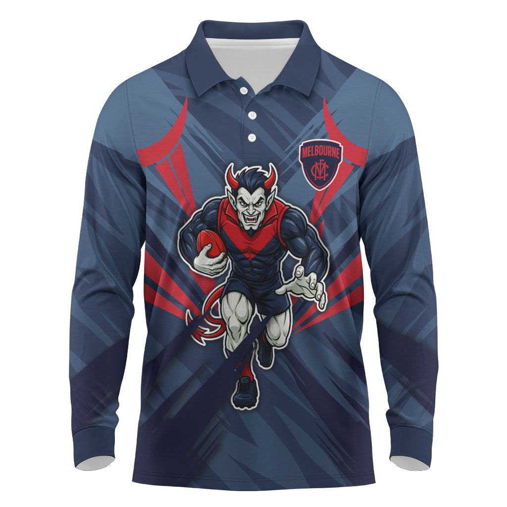 Melbourne Demons Australian Football Long Sleeve Polo Shirt Fierce Devil Mascot - Bold Team Colors
