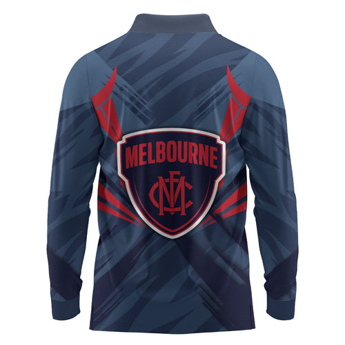 Melbourne Demons Australian Football Long Sleeve Polo Shirt Fierce Devil Mascot - Bold Team Colors