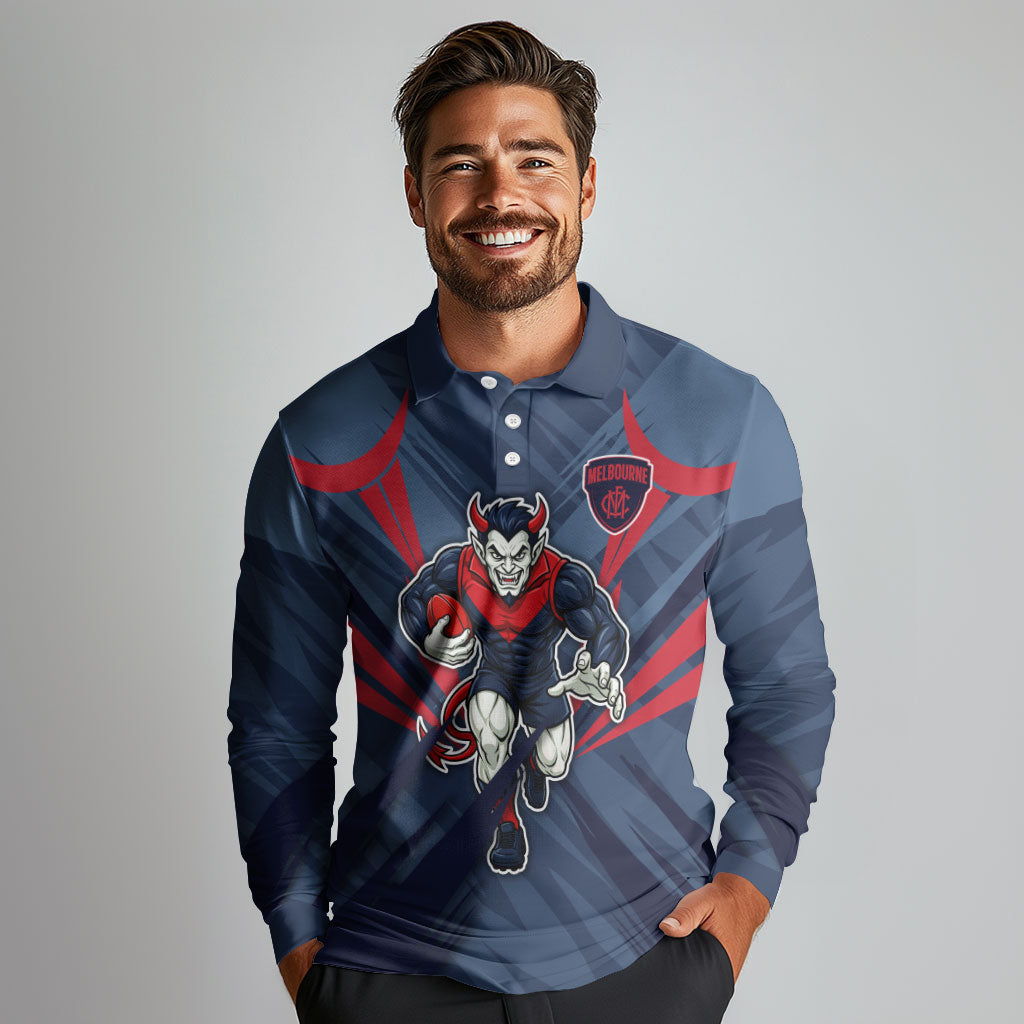 Melbourne Demons Australian Football Long Sleeve Polo Shirt Fierce Devil Mascot - Bold Team Colors