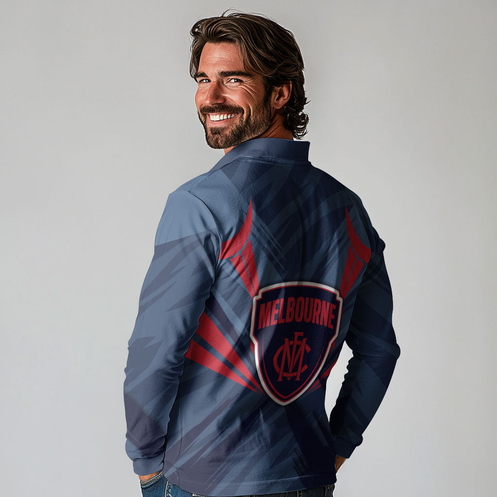 Melbourne Demons Australian Football Long Sleeve Polo Shirt Fierce Devil Mascot - Bold Team Colors