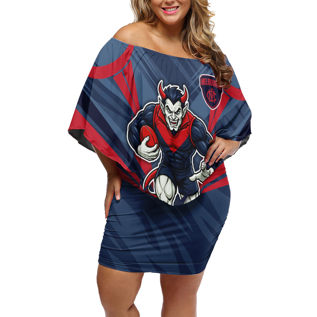 Melbourne Demons Australian Football Off Shoulder Short Dress Fierce Devil Mascot - Bold Team Colors