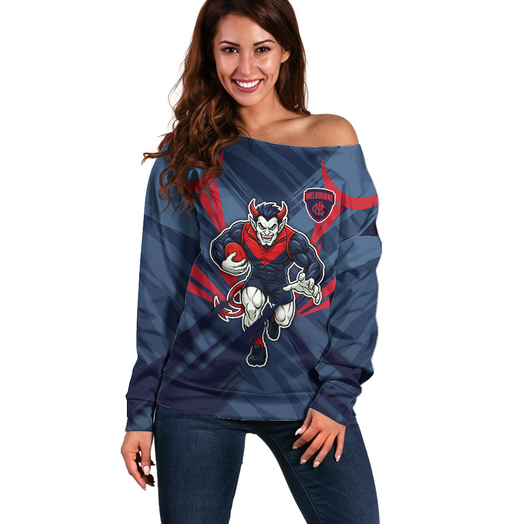 Melbourne Demons Australian Football Off Shoulder Sweater Fierce Devil Mascot - Bold Team Colors