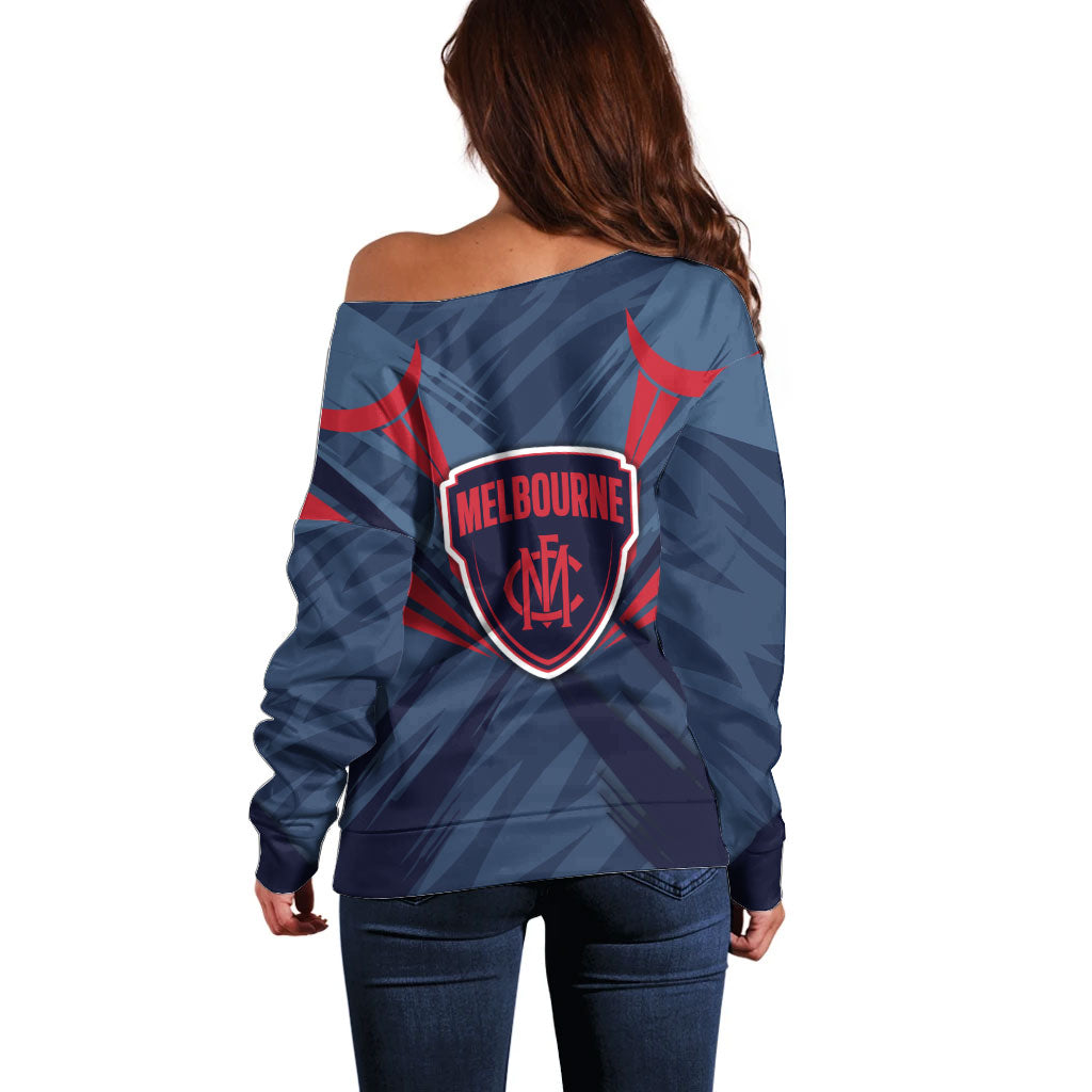 Melbourne Demons Australian Football Off Shoulder Sweater Fierce Devil Mascot - Bold Team Colors