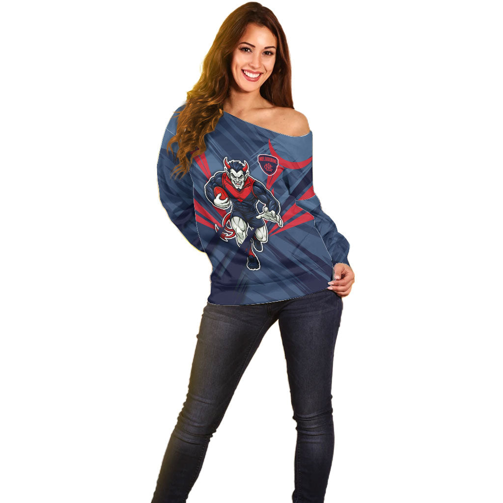 Melbourne Demons Australian Football Off Shoulder Sweater Fierce Devil Mascot - Bold Team Colors