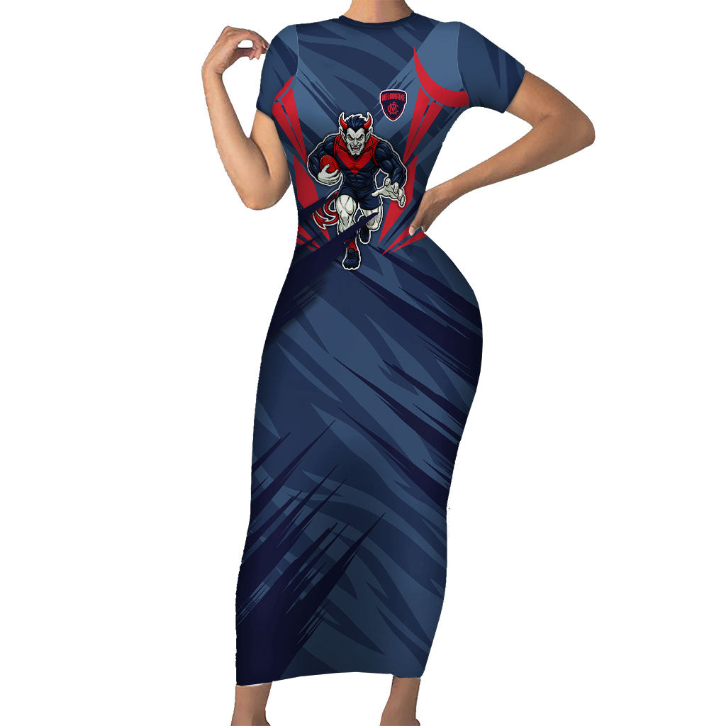 Melbourne Demons Australian Football Short Sleeve Bodycon Dress Fierce Devil Mascot - Bold Team Colors