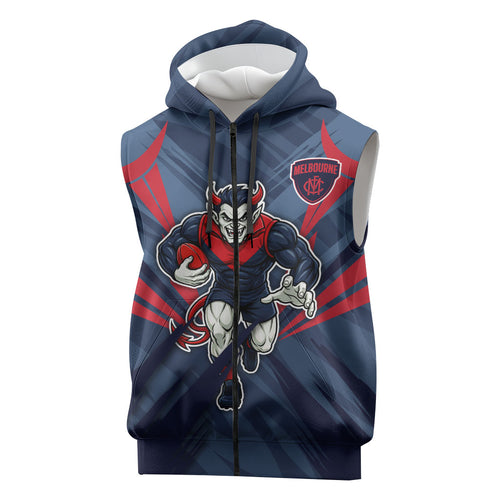 Melbourne Demons Australian Football Sleeveless Zip Hoodie Fierce Devil Mascot - Bold Team Colors