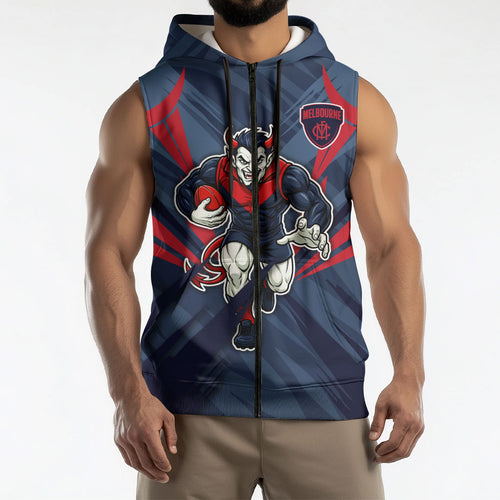 Melbourne Demons Australian Football Sleeveless Zip Hoodie Fierce Devil Mascot - Bold Team Colors