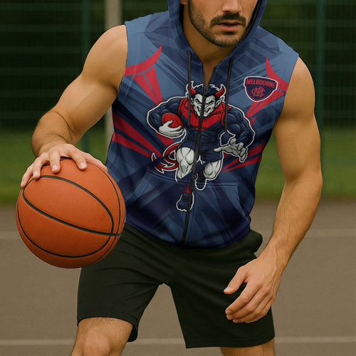 Melbourne Demons Australian Football Sleeveless Zip Hoodie Fierce Devil Mascot - Bold Team Colors