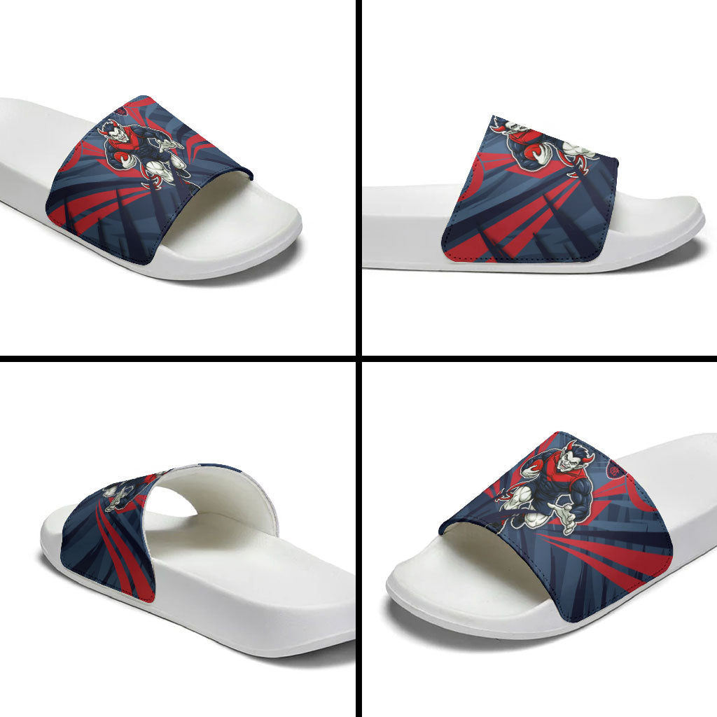 Melbourne Demons Australian Football Slide Sandals Fierce Devil Mascot - Bold Team Colors