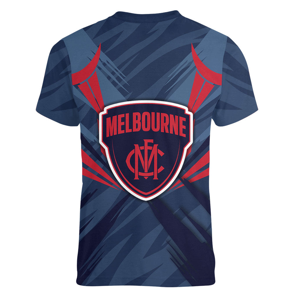 Melbourne Demons Australian Football Women V-Neck T-Shirt Fierce Devil Mascot - Bold Team Colors
