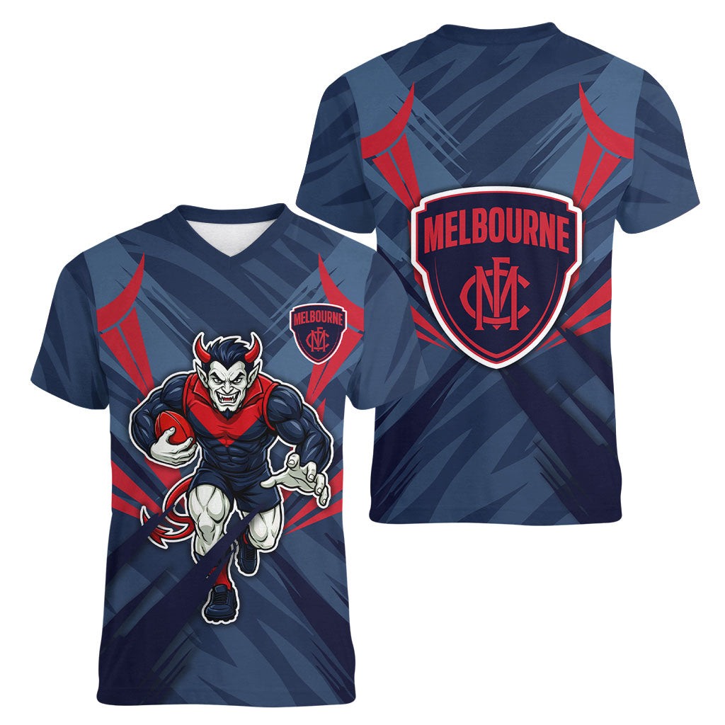 Melbourne Demons Australian Football Women V-Neck T-Shirt Fierce Devil Mascot - Bold Team Colors