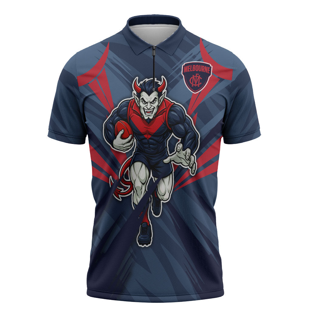Melbourne Demons Australian Football Zipper Polo Shirt Fierce Devil Mascot - Bold Team Colors