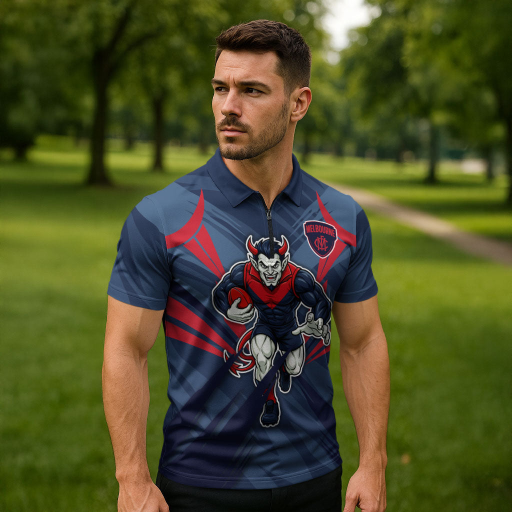 Melbourne Demons Australian Football Zipper Polo Shirt Fierce Devil Mascot - Bold Team Colors