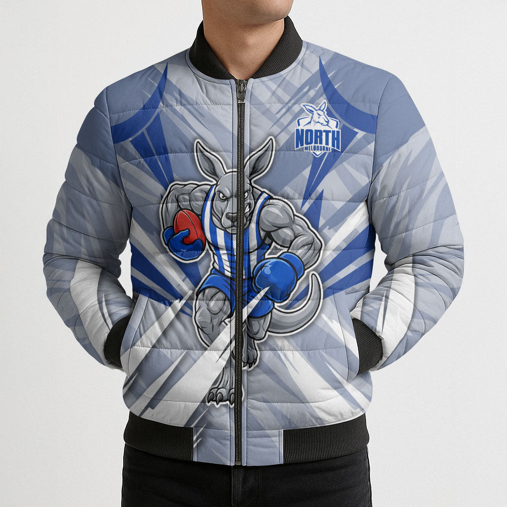 North Melbourne Kangaroos Australian Football Bomber Puffer Jacket Powerful Kangaroo Mascot - Bold Team Colors
