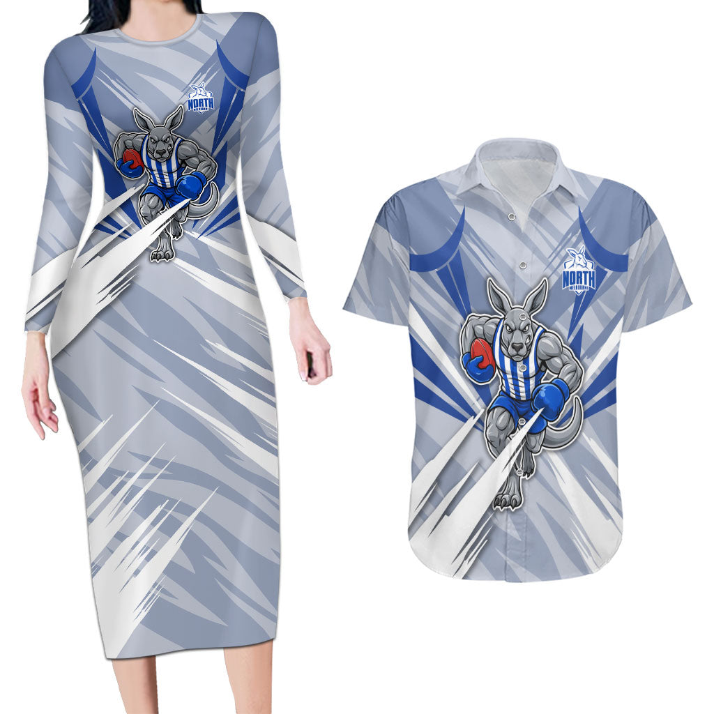North Melbourne Kangaroos Australian Football Couples Matching Long Sleeve Bodycon Dress and Hawaiian Shirt Powerful Kangaroo Mascot - Bold Team Colors