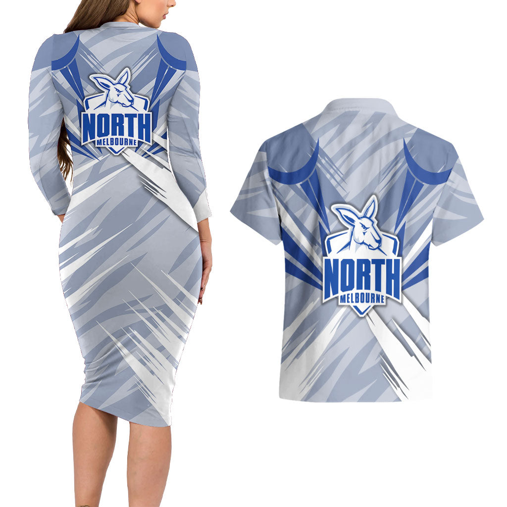North Melbourne Kangaroos Australian Football Couples Matching Long Sleeve Bodycon Dress and Hawaiian Shirt Powerful Kangaroo Mascot - Bold Team Colors