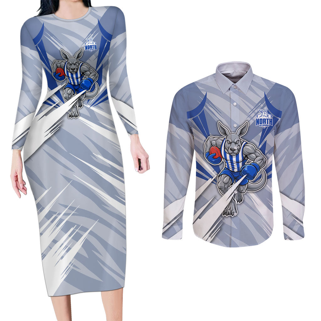 North Melbourne Kangaroos Australian Football Couples Matching Long Sleeve Bodycon Dress and Long Sleeve Button Shirt Powerful Kangaroo Mascot - Bold Team Colors