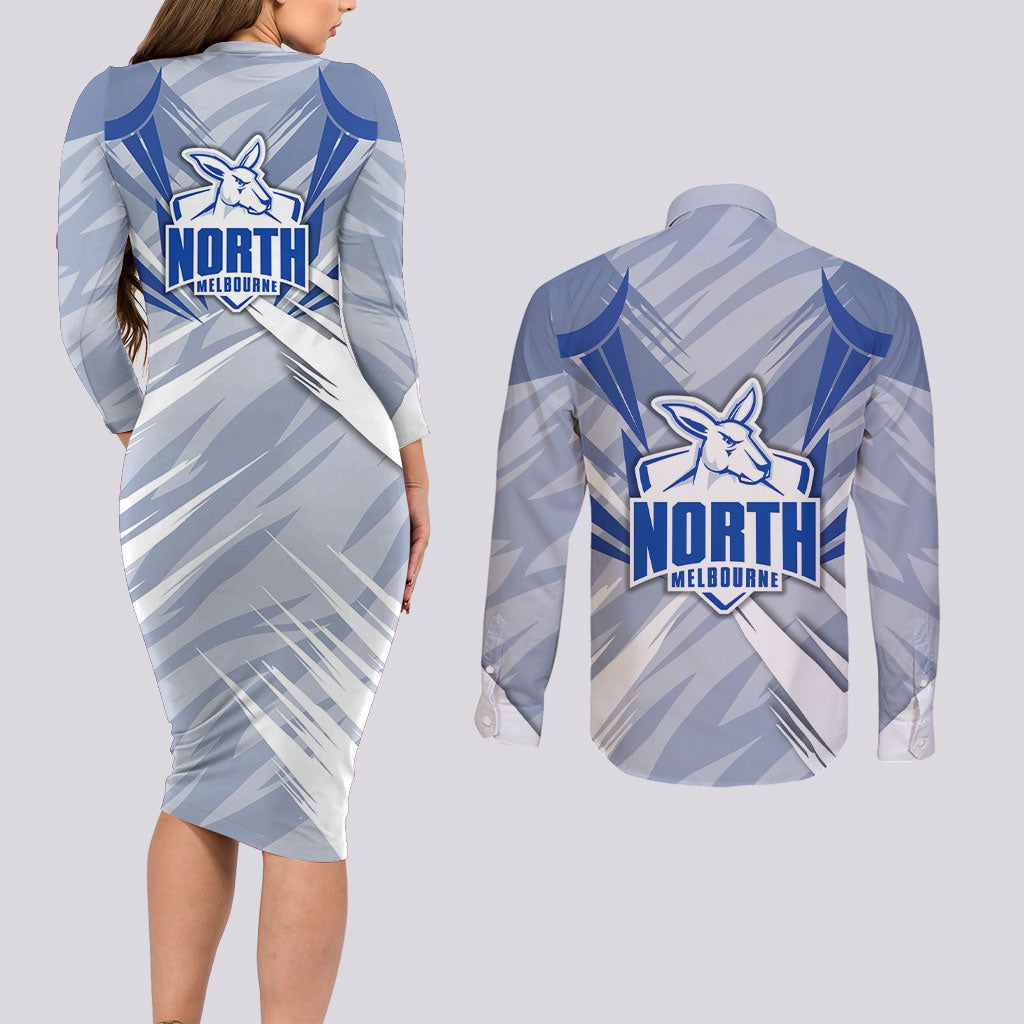 North Melbourne Kangaroos Australian Football Couples Matching Long Sleeve Bodycon Dress and Long Sleeve Button Shirt Powerful Kangaroo Mascot - Bold Team Colors