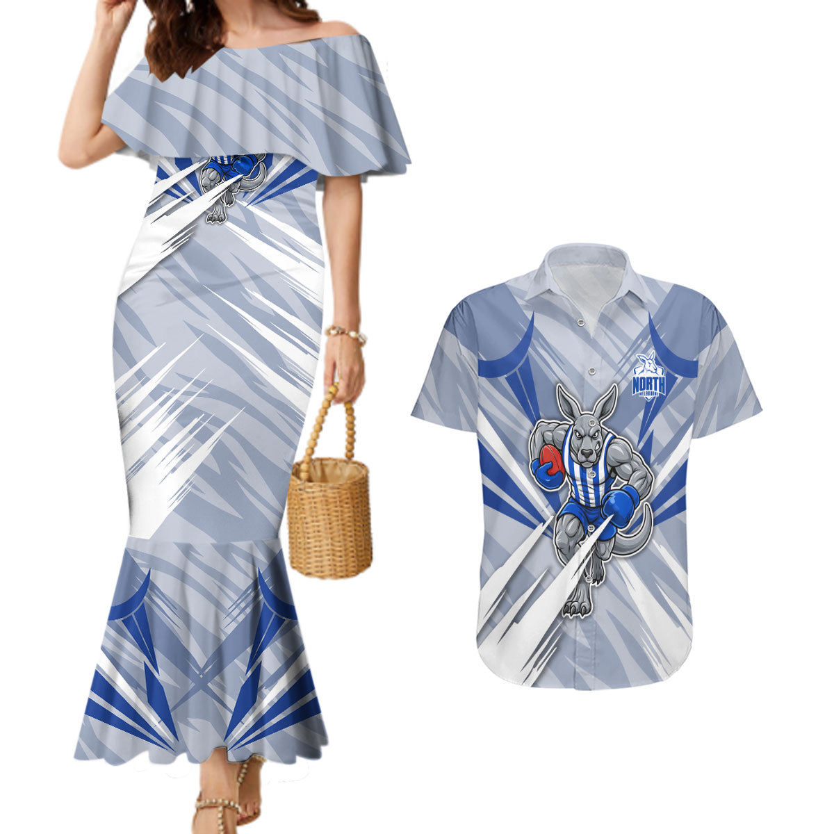 North Melbourne Kangaroos Australian Football Couples Matching Mermaid Dress and Hawaiian Shirt Powerful Kangaroo Mascot - Bold Team Colors