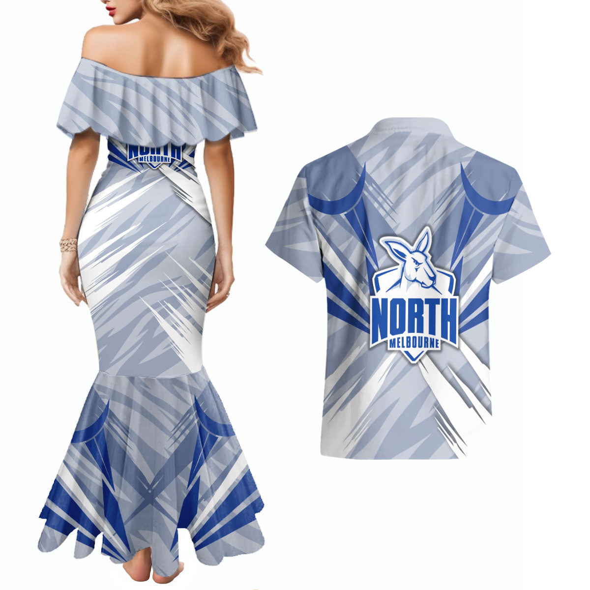 North Melbourne Kangaroos Australian Football Couples Matching Mermaid Dress and Hawaiian Shirt Powerful Kangaroo Mascot - Bold Team Colors